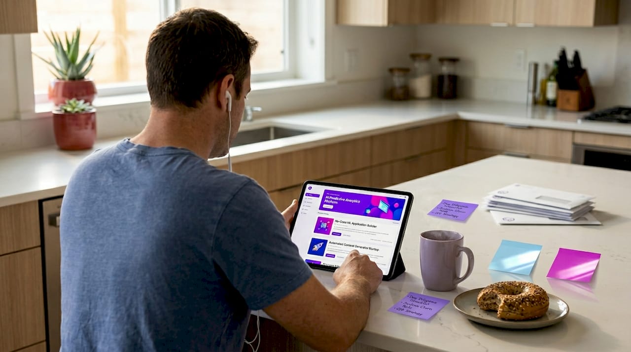 Man researching AI SaaS marketplaces on tablet