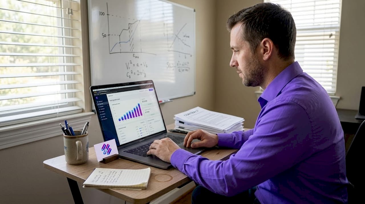 Entrepreneur reviews SaaS growth stats at home office desk