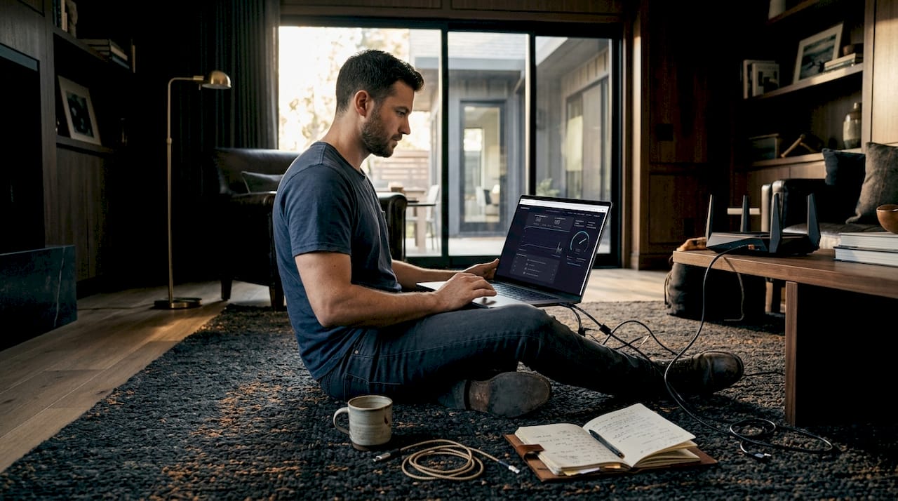 Developer optimizing online store sitting on rug
