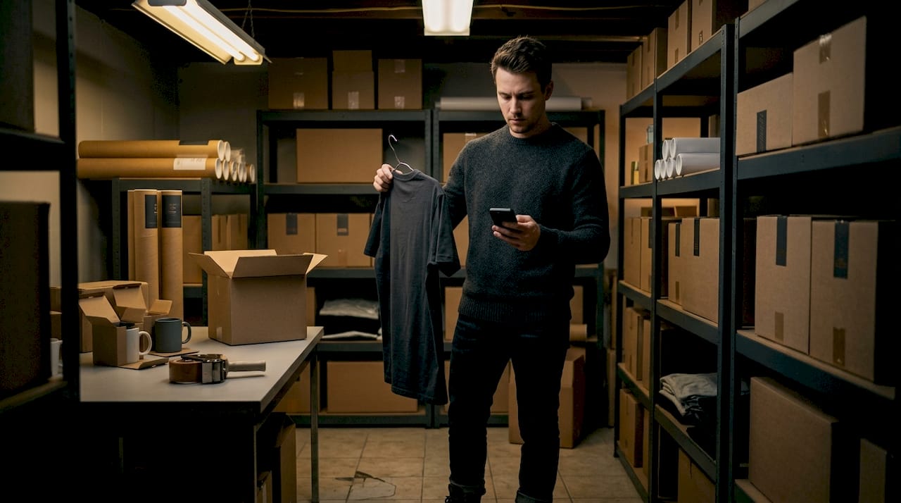 Entrepreneur inspects print on demand product sample
