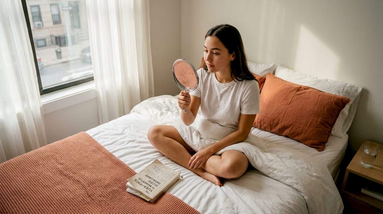 Person checks bare skin in bedroom mirror Person checks bare skin in bedroom mirror