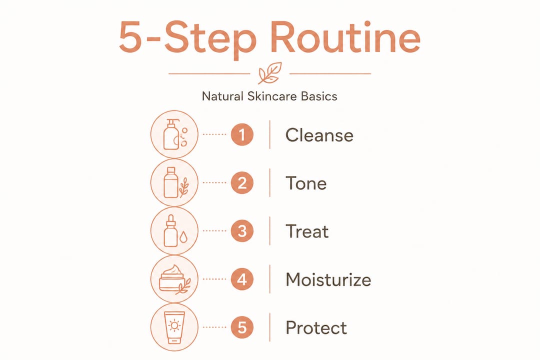 Infographic showing five natural skincare routine steps Infographic showing five natural skincare routine steps