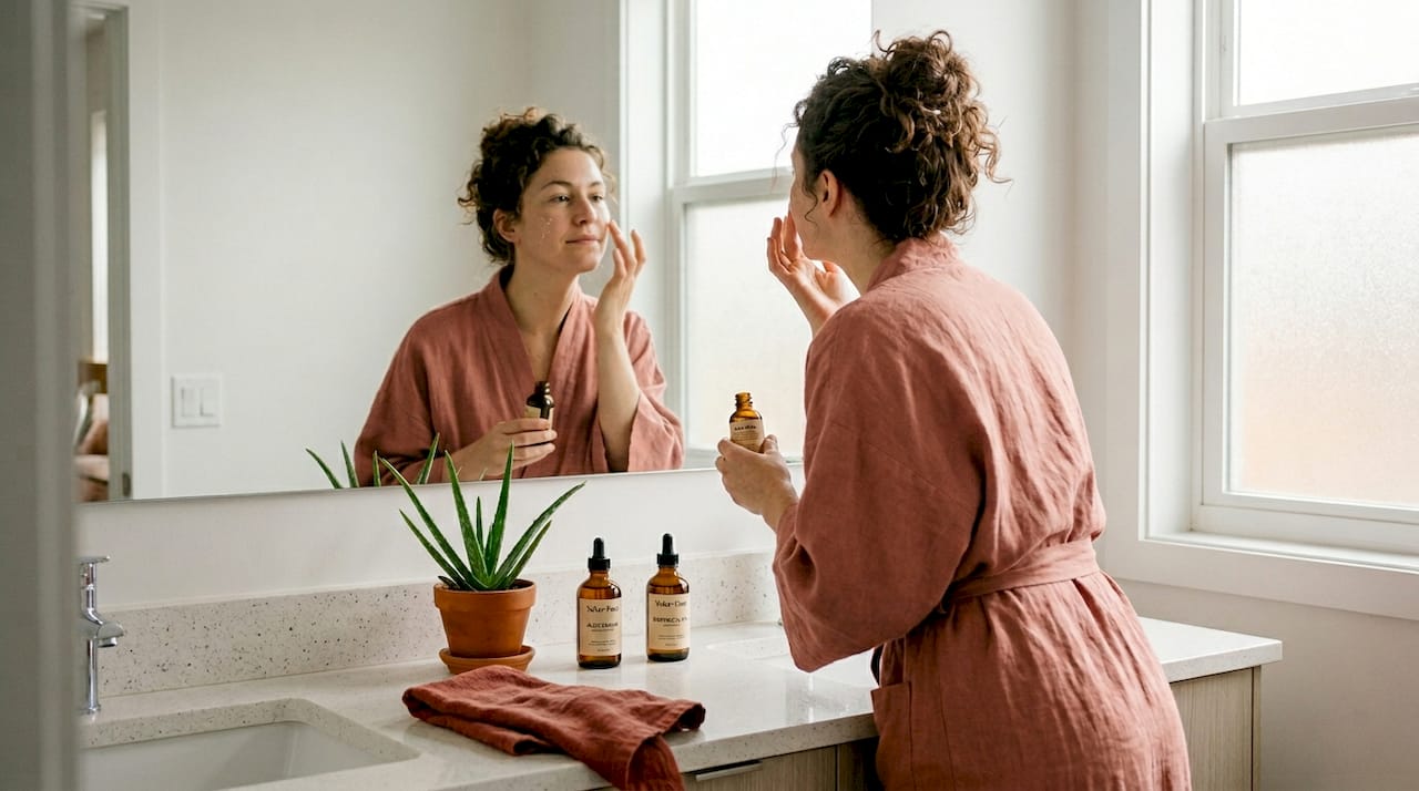 Woman applying natural skincare in morning bathroom