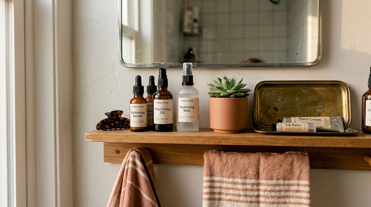 Skincare products on bathroom shelf