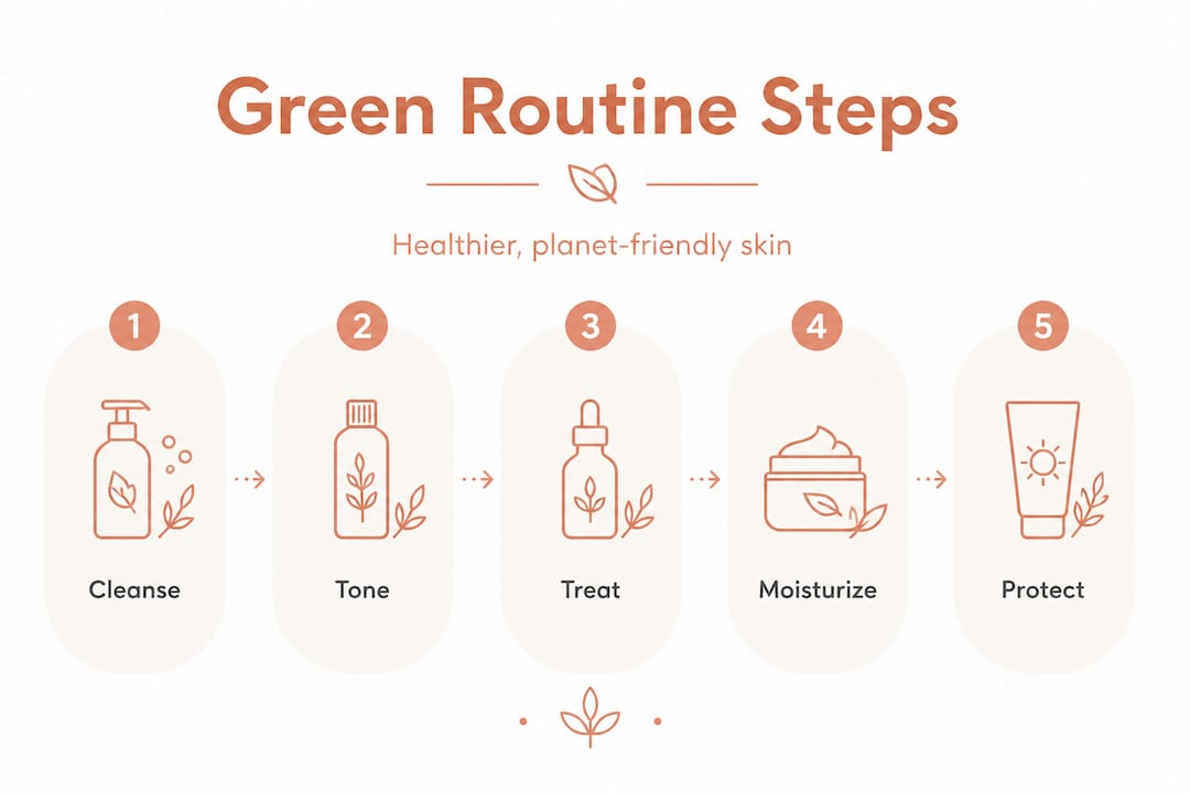 Vertical infographic of green skincare routine steps