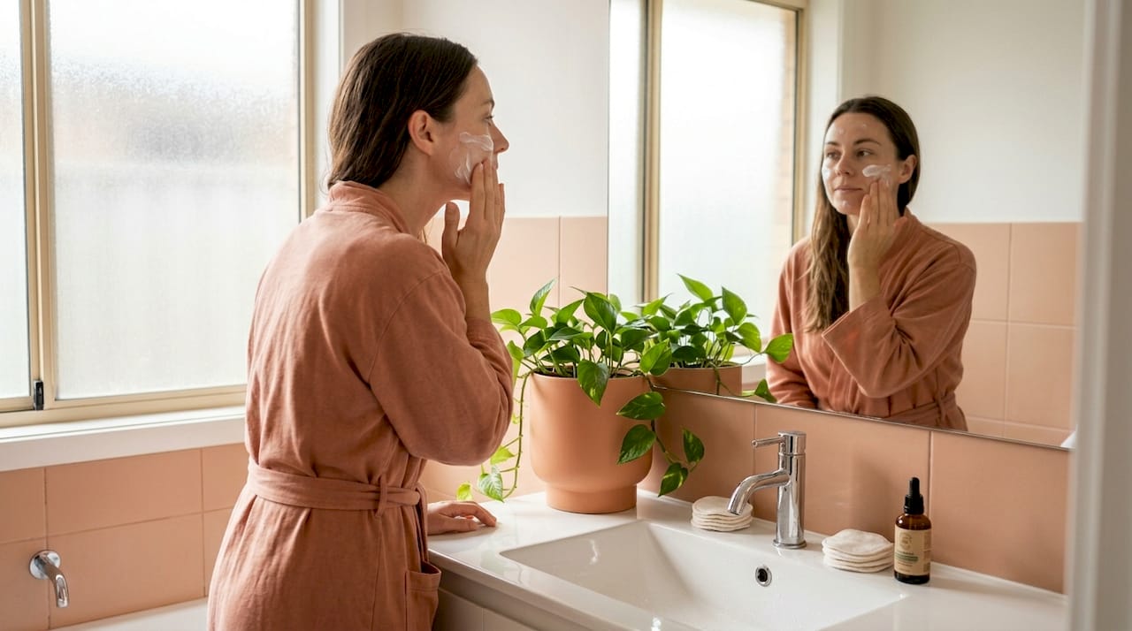 Woman applying skincare in sunlit bathroom