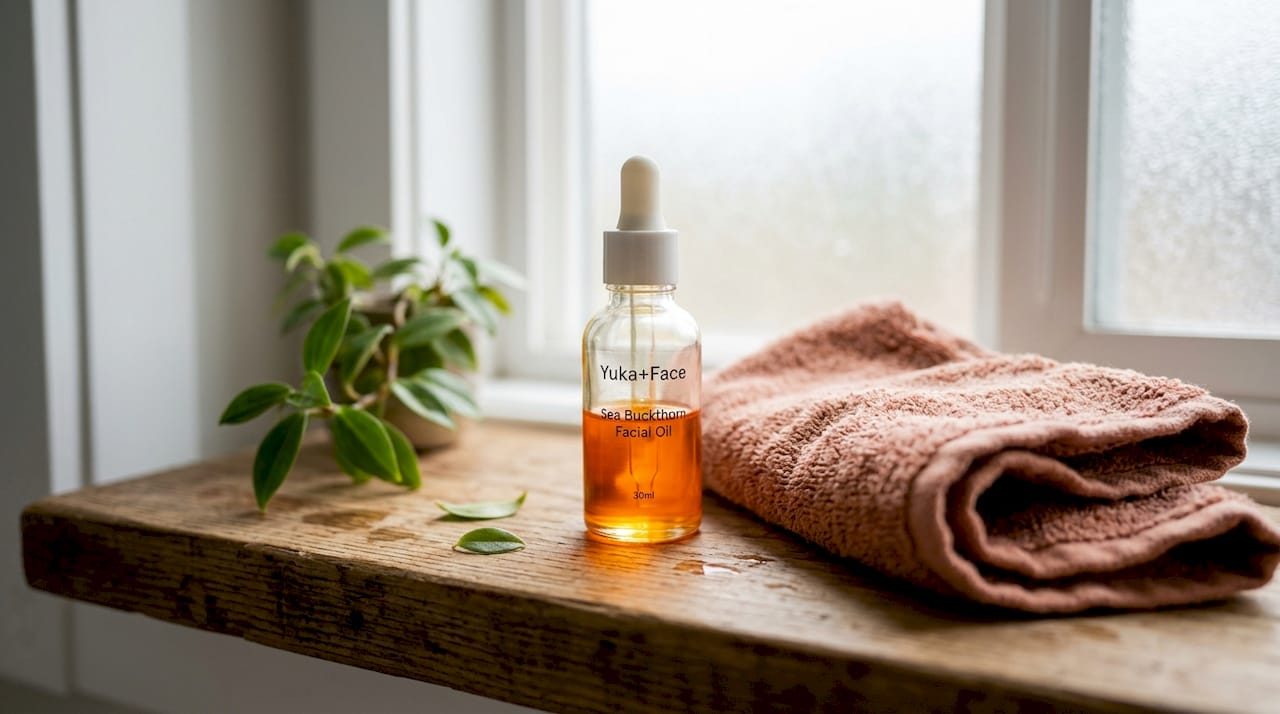 Sea buckthorn oil bottle on bathroom shelf Sea buckthorn oil bottle on bathroom shelf