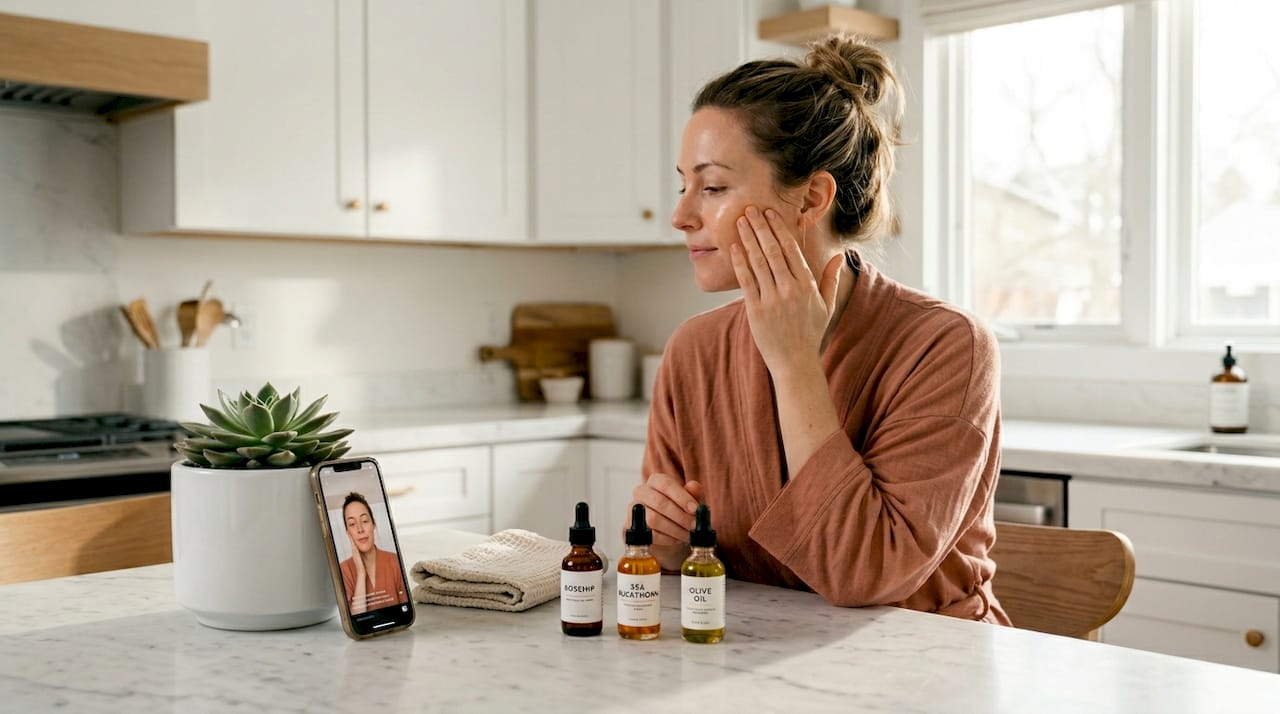 Woman applying vitamin-rich facial oils at home