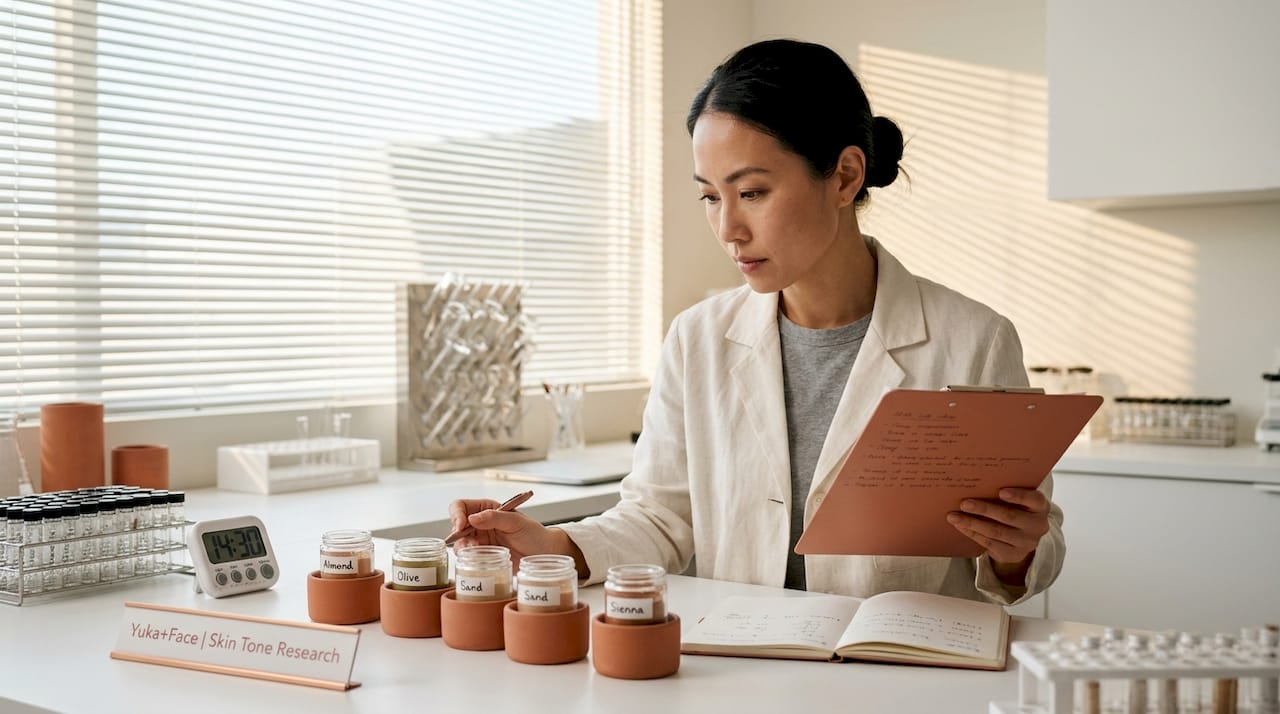 Lab technician reviews skincare samples and notes
