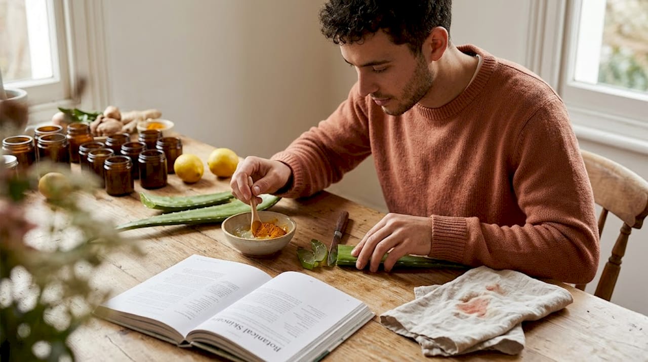 Man preparing botanical ingredients for skincare