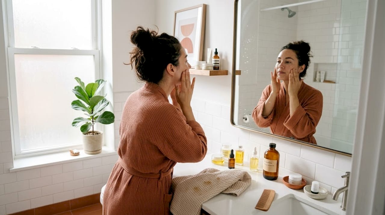 Woman practicing mindful skincare at home