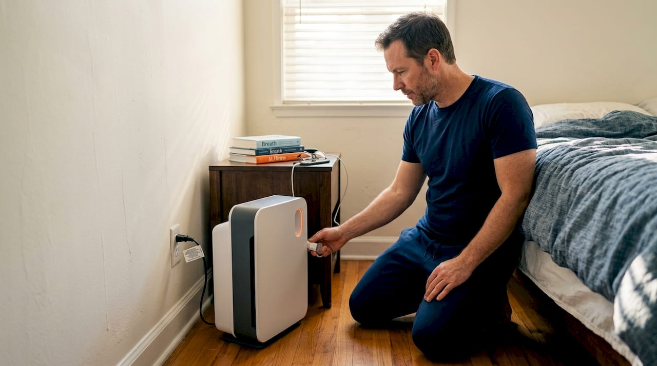 Man setting up air purifier in bedroom