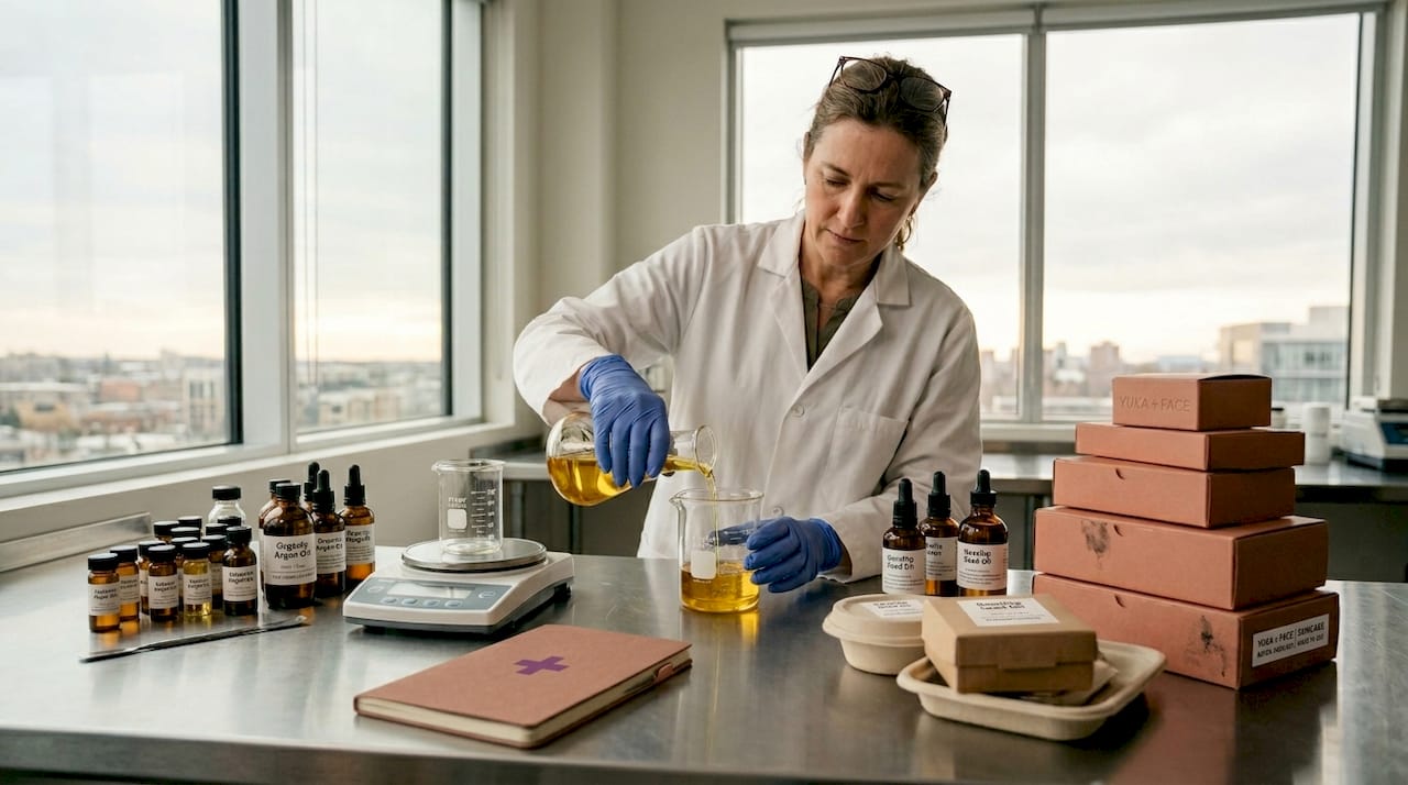 Technician preparing eco-friendly skincare ingredients