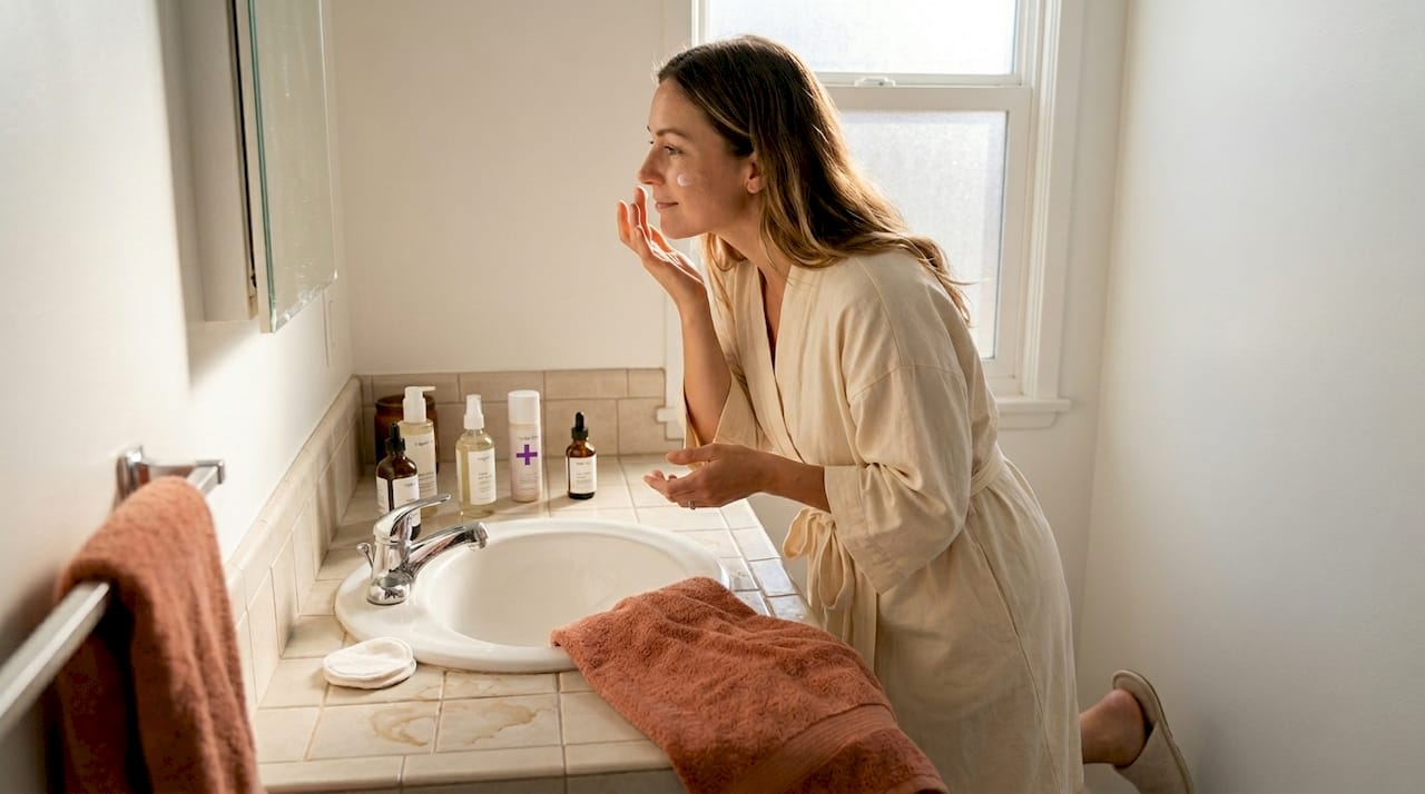 Applying ethical skincare in sunlit bathroom