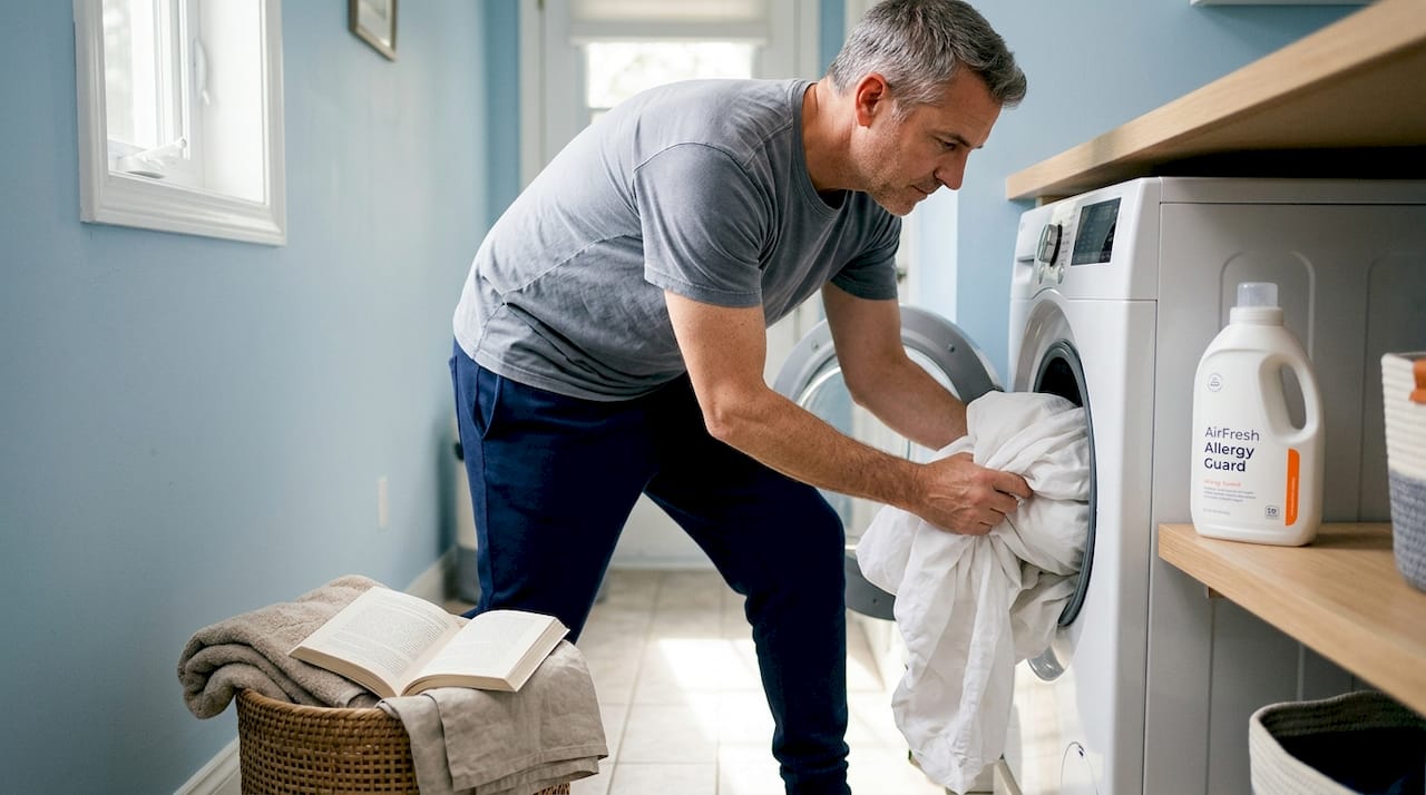 Man washing bedding for allergy prevention