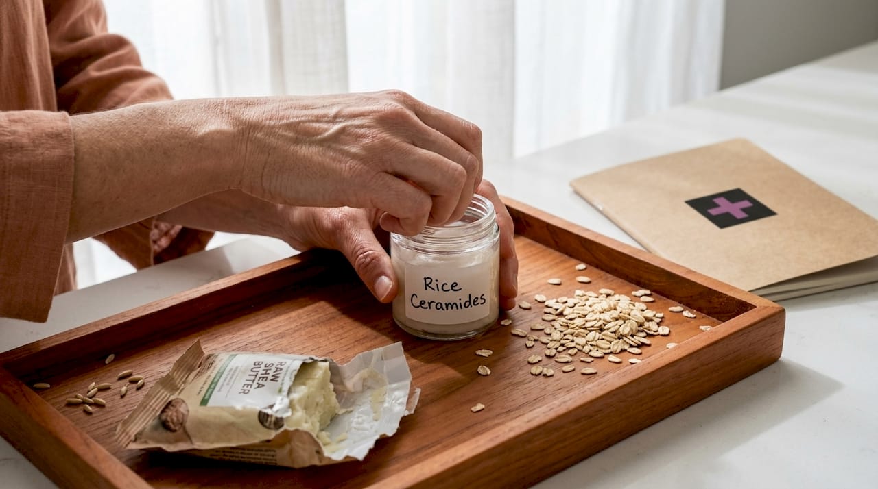 Hands opening jar of rice ceramide cream