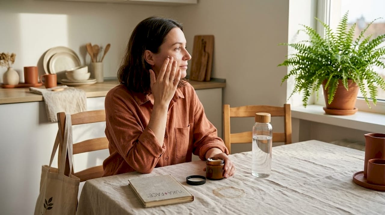 Woman applying moisturizer at kitchen table
