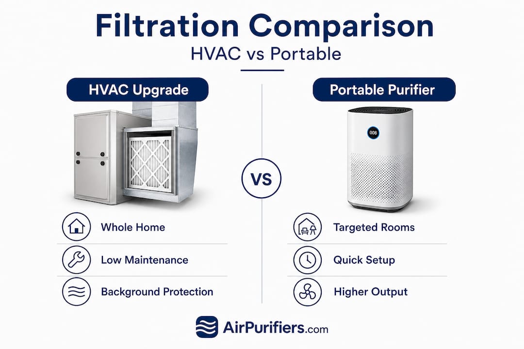 Infographic comparing HVAC and portable air filtration
