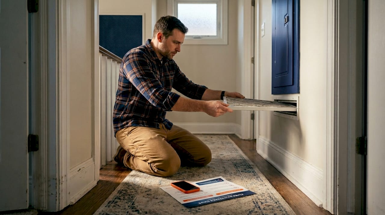Man replaces dusty HVAC filter at home