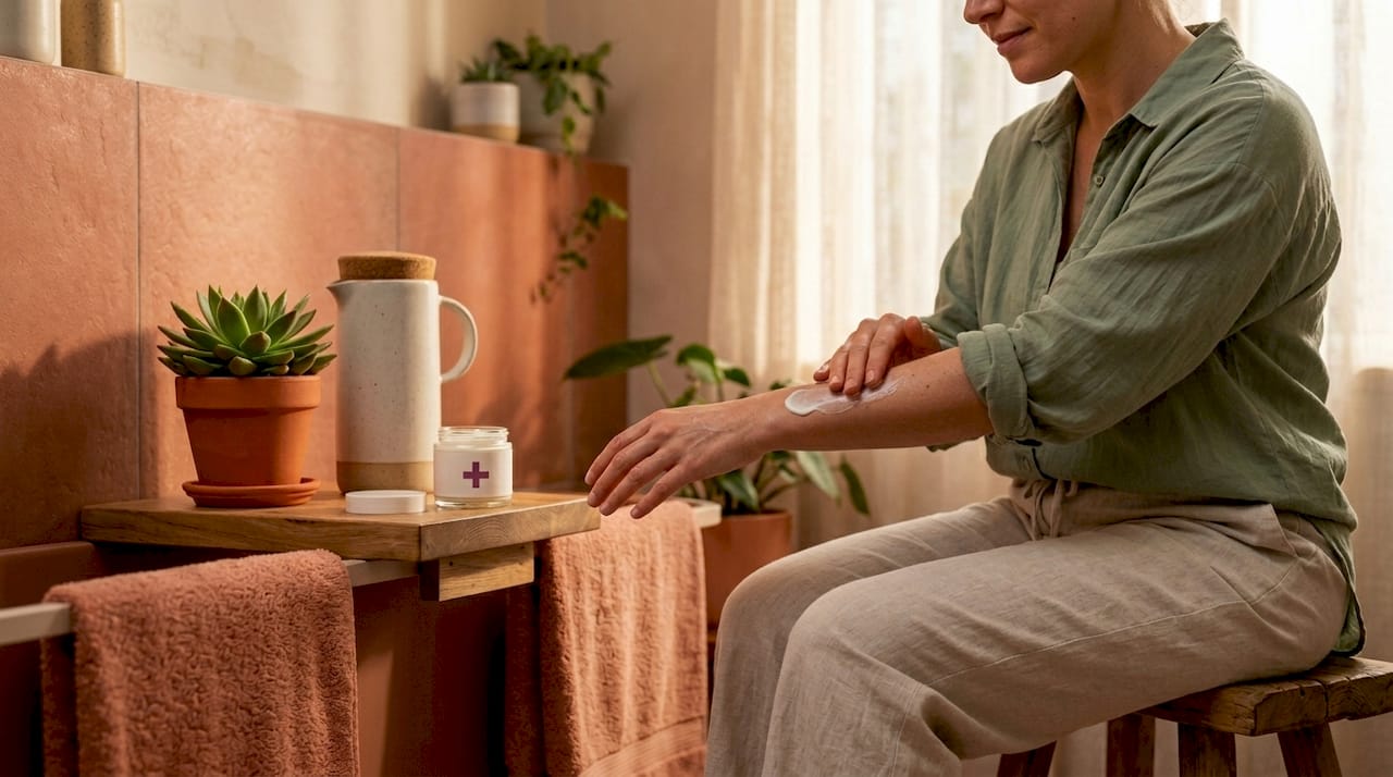 Woman applying vegan moisturizer in a sunlit bathroom