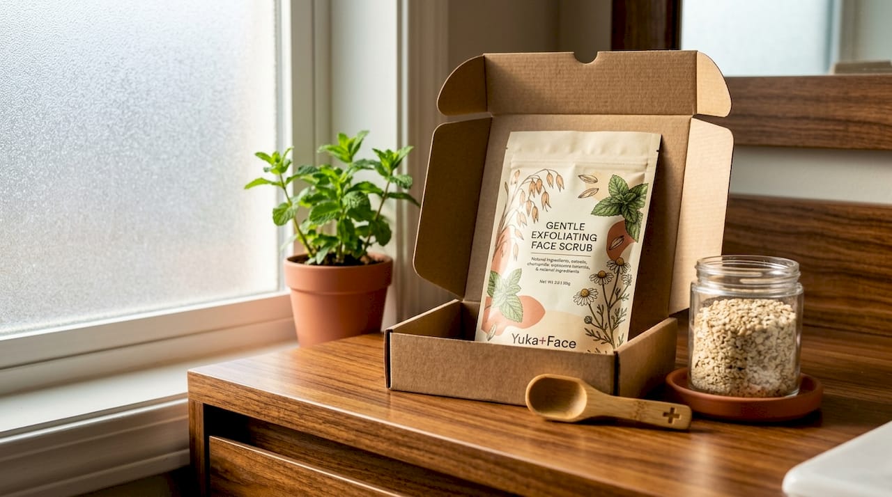 Biodegradable face scrub packaging, kitchen