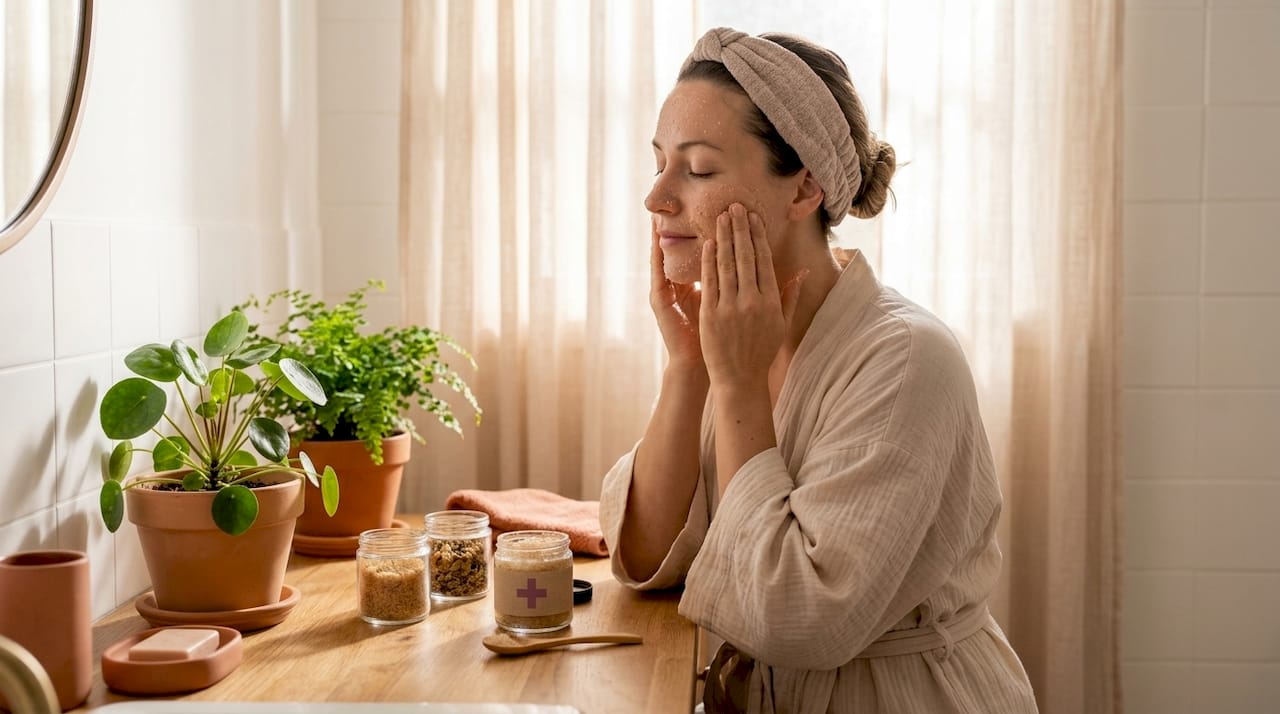 Woman using natural exfoliant at vanity