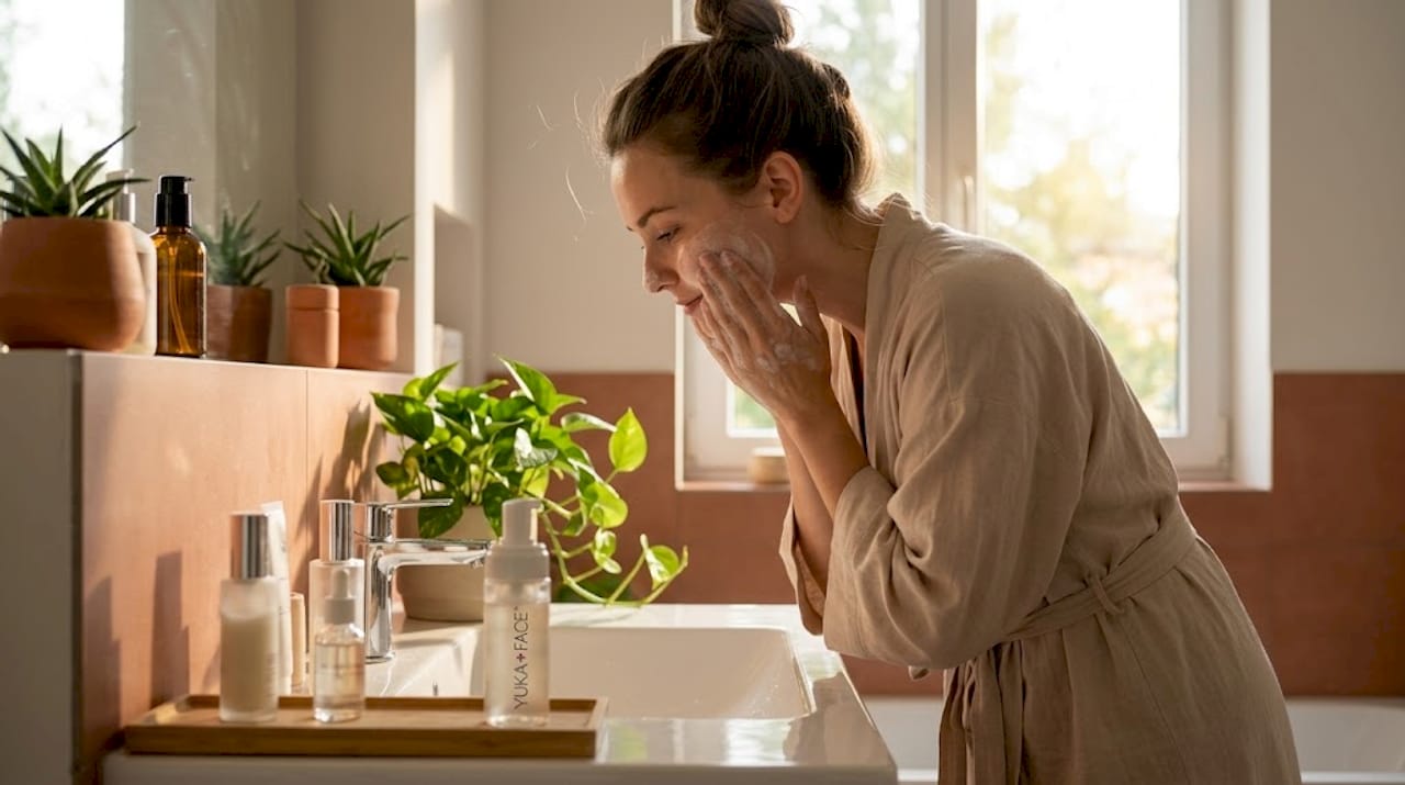 Woman washing face in sunlit bathroom