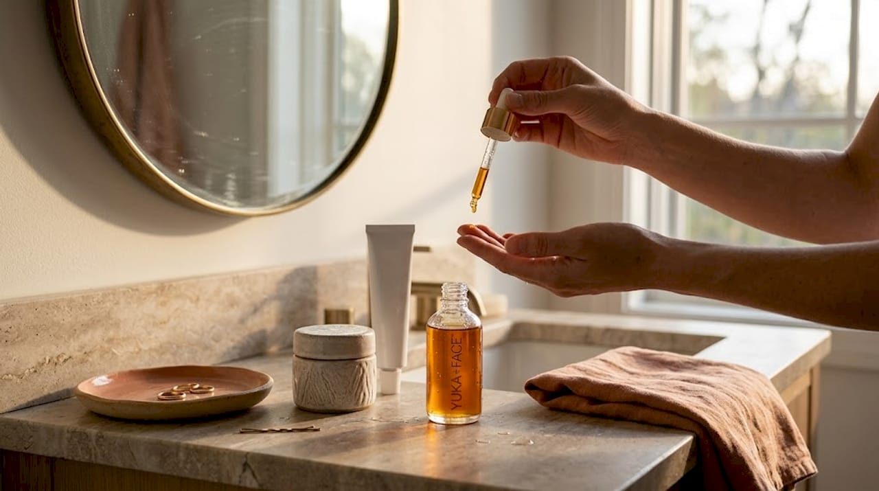 Vanity with layered skincare products