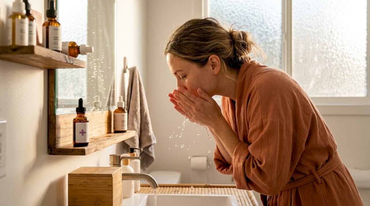 Woman hydrating skin in bathroom morning