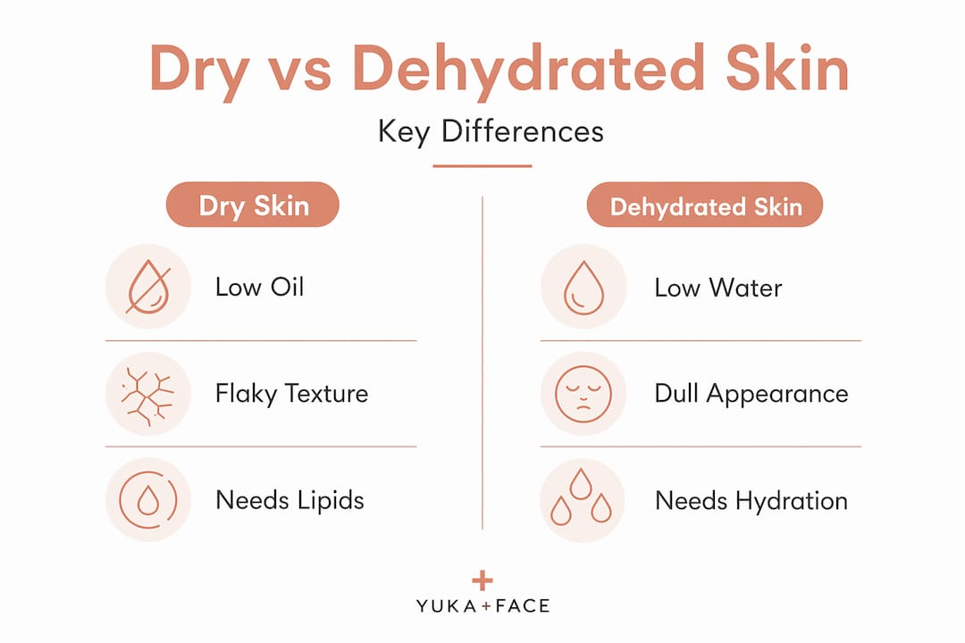 Infographic comparing dry and dehydrated skin characteristics
