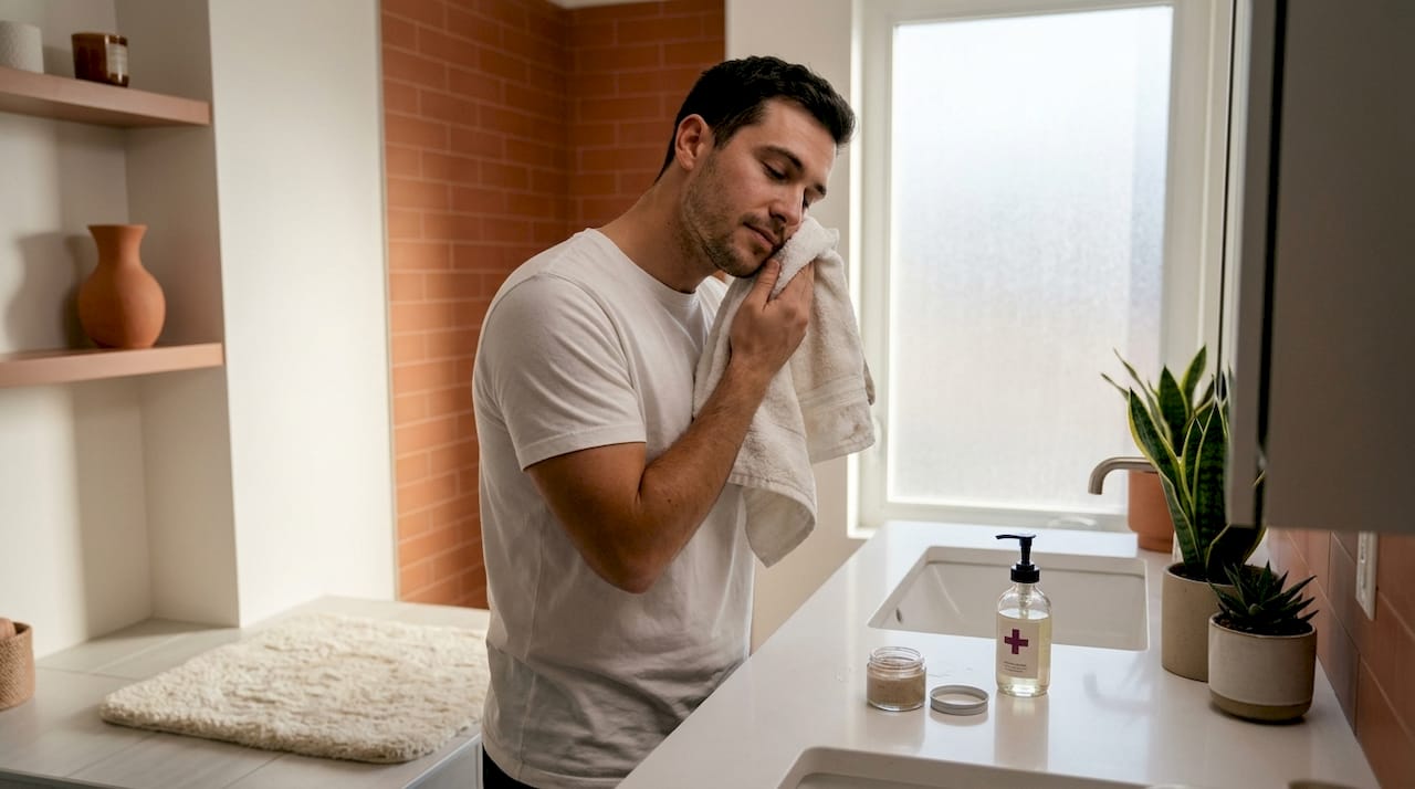 Man finishing morning skincare on bed edge