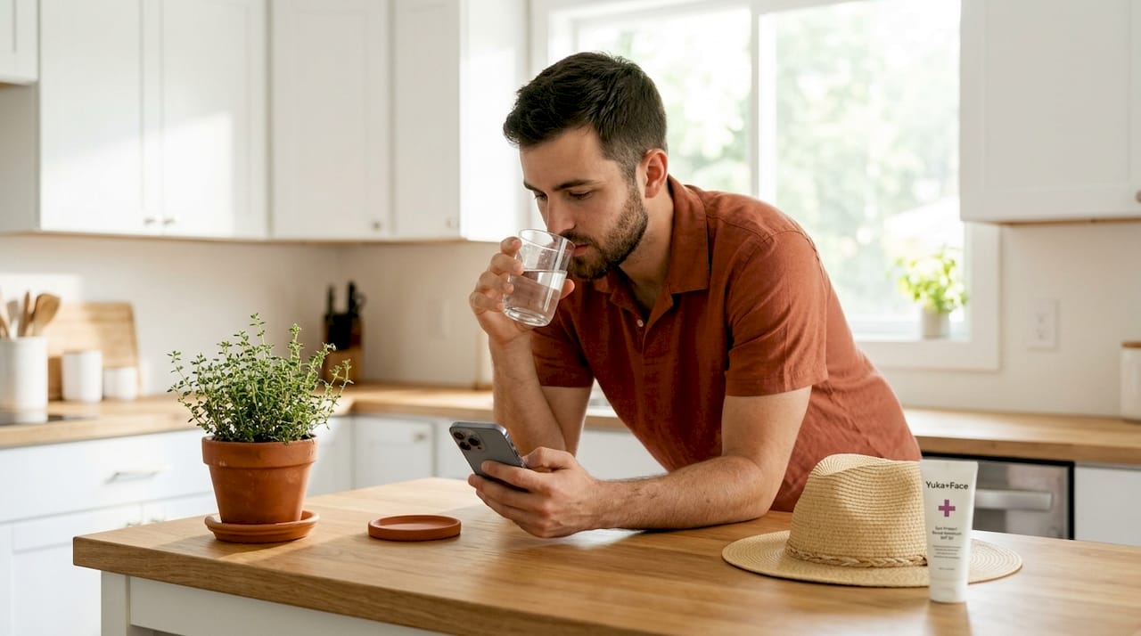 Man in apartment with sun care items