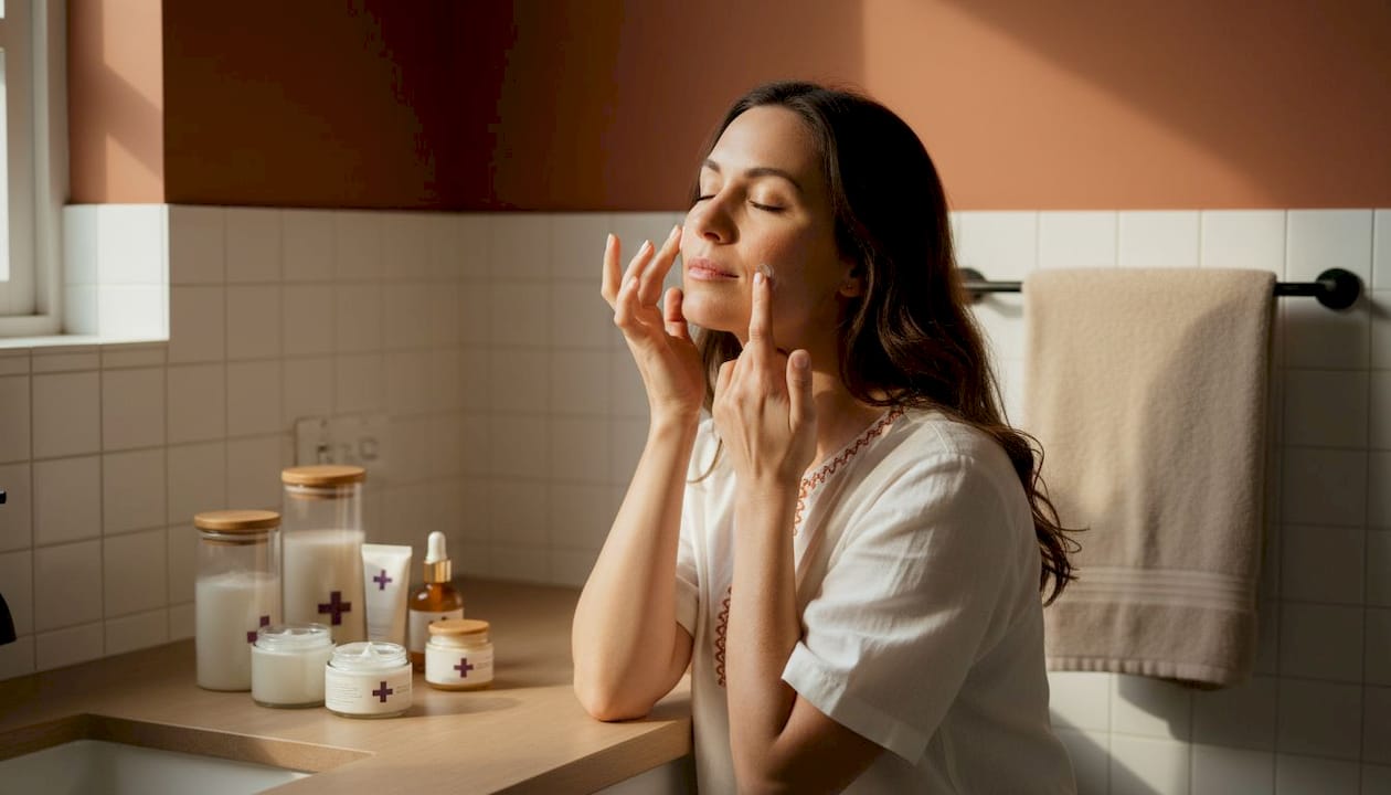Woman applying skincare at home vanity