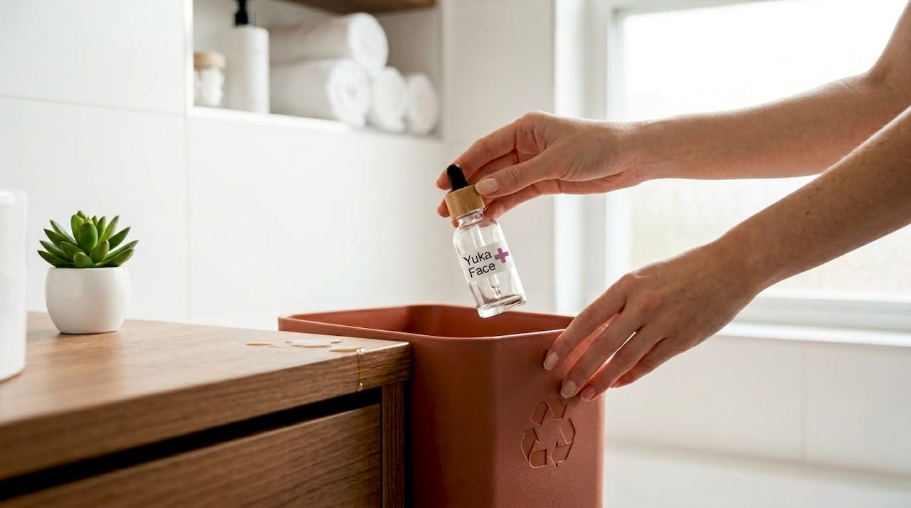 Hands recycling glass facial oil bottle
