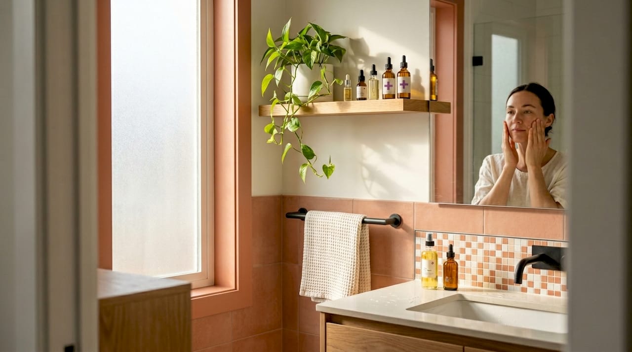 Woman applying facial oil in sunlit bathroom