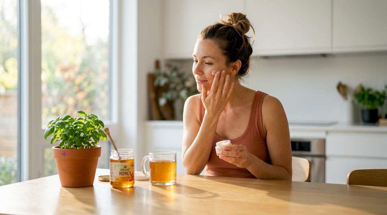 Woman nourishing skin in bright kitchen