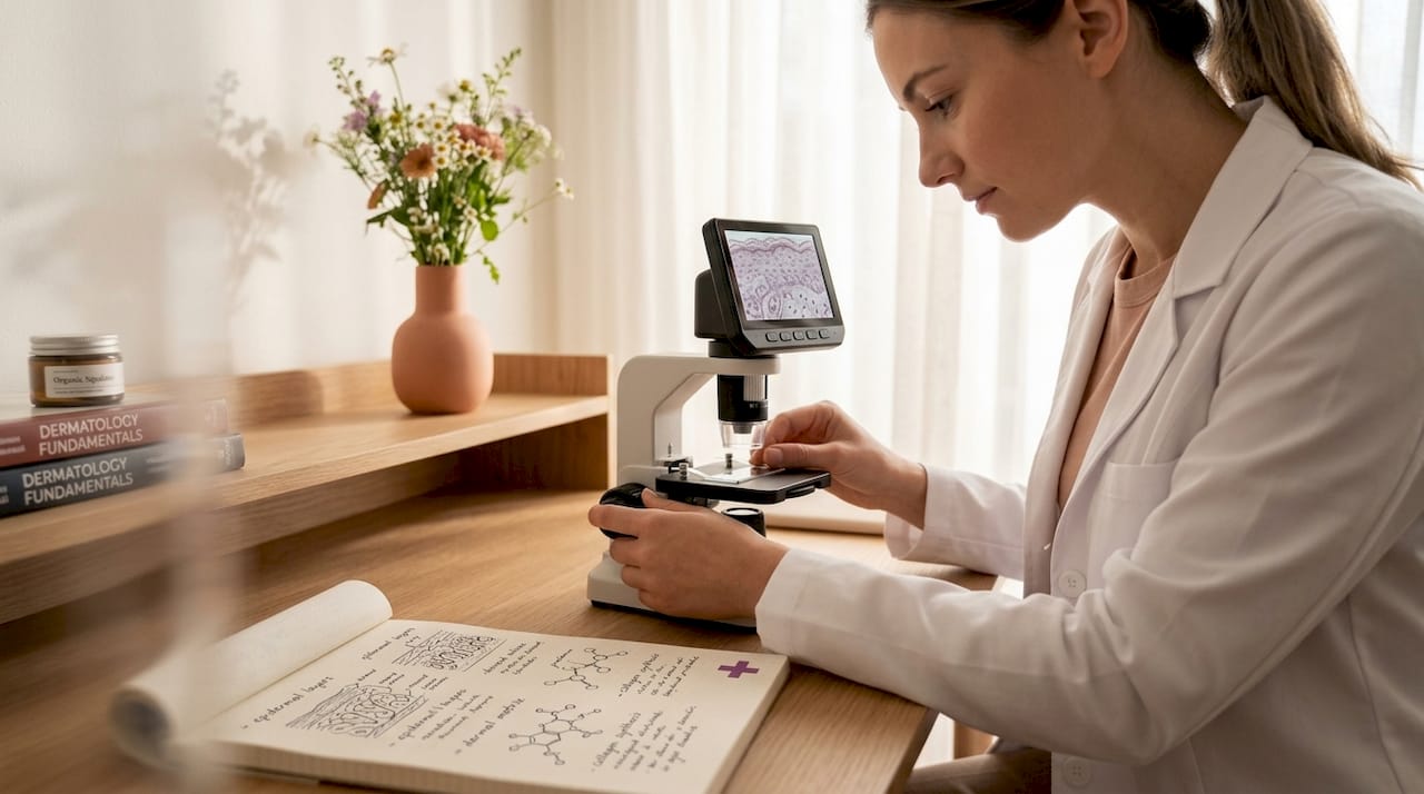 Researcher examining ceramide skin barrier slide
