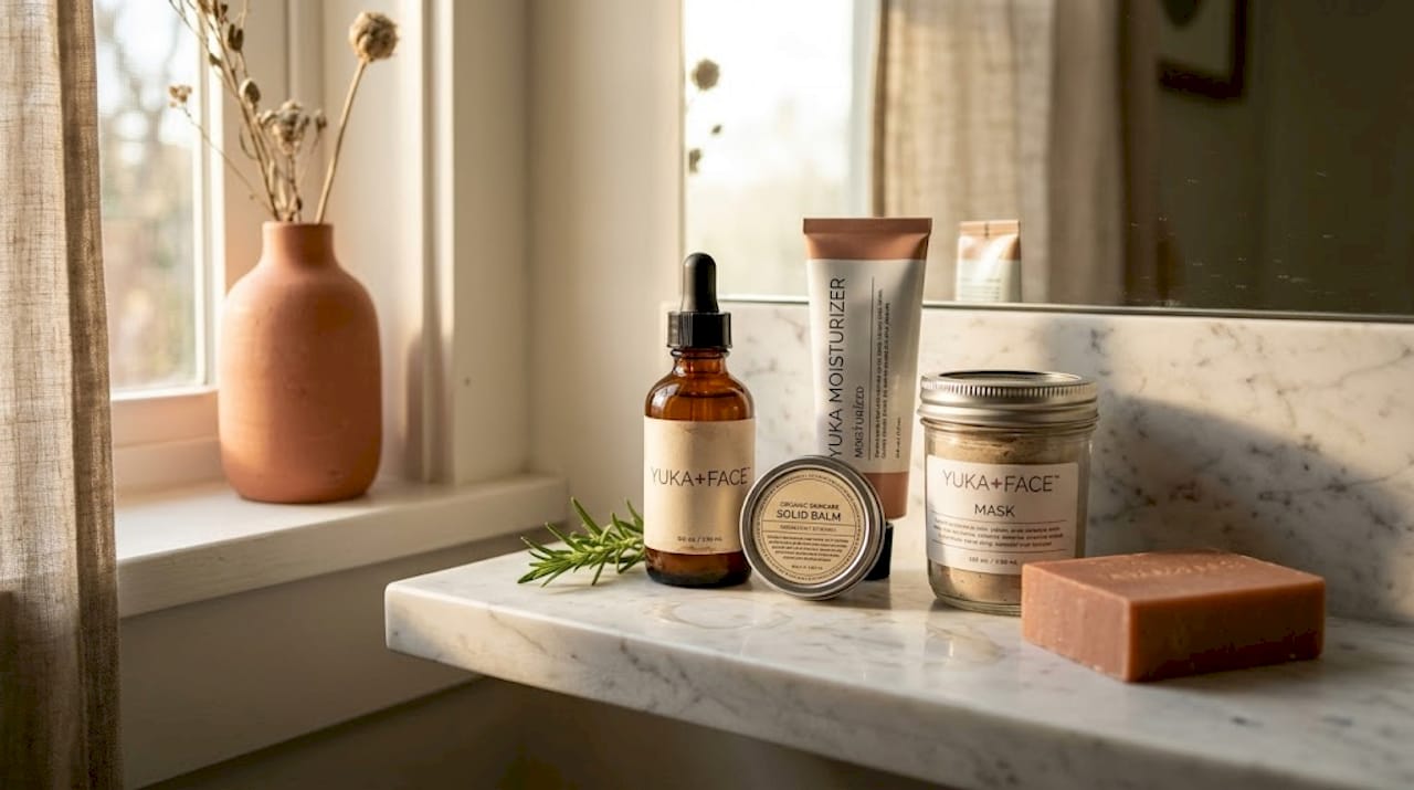 Shelf with organic skincare products and plants