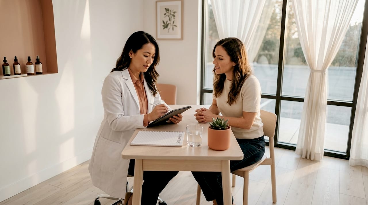 Dermatologist consults patient about skin treatments