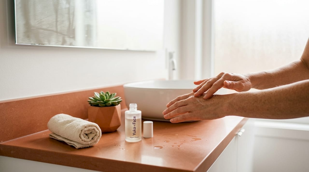 Hands applying serum in bathroom routine