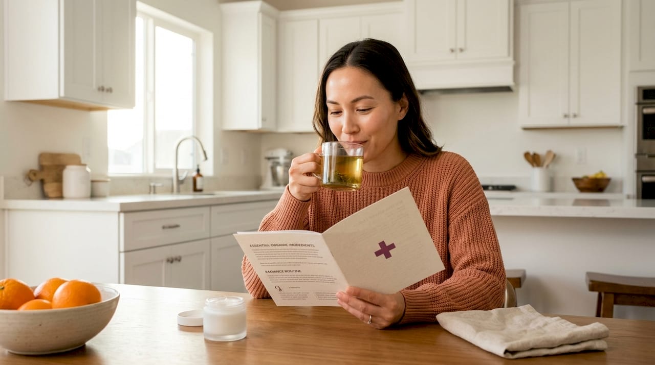 Woman with radiant skin reading skincare guide