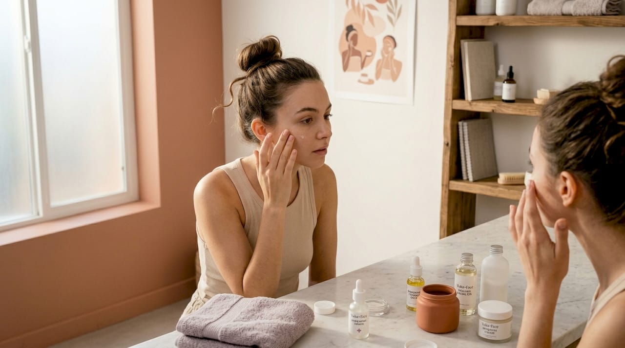Woman applies serum in bathroom at sink Woman applies serum in bathroom at sink