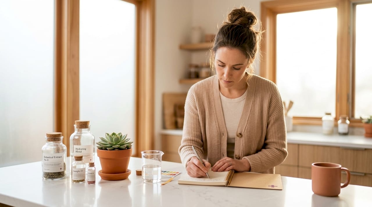 Chemist notes skincare science at lab desk