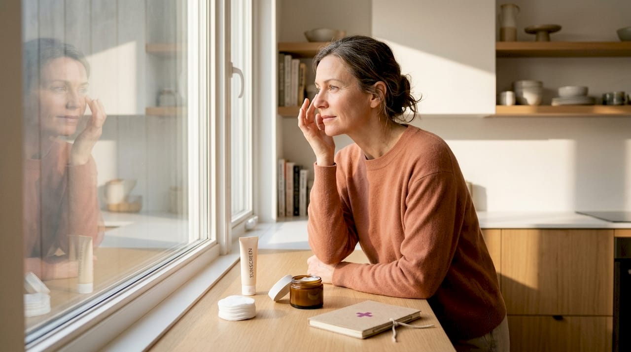 Woman examining face in home bathroom mirror