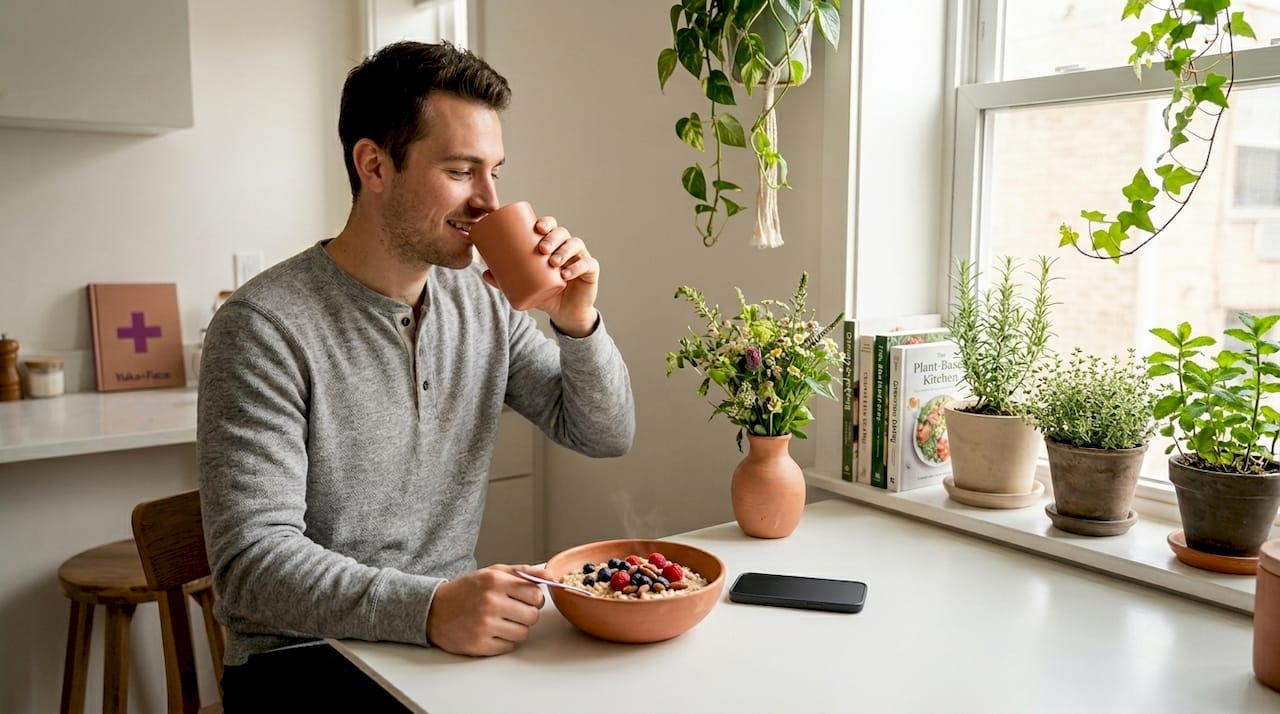 Man eating healthy breakfast and hydrating