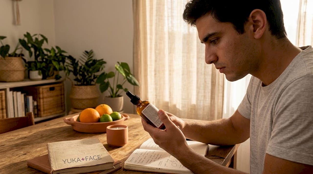 Man examining skincare product ingredients at table
