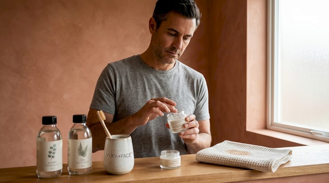 Man checks plant-based skincare ingredients in bathroom Man checks plant-based skincare ingredients in bathroom