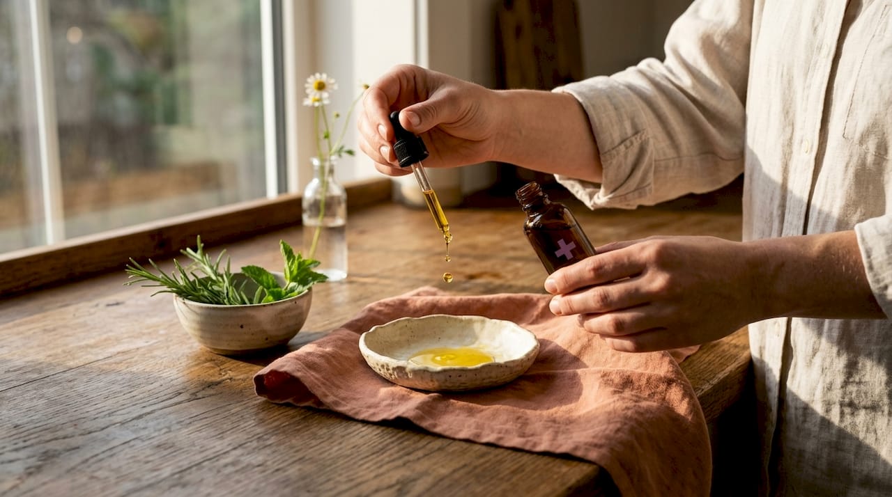 Hands applying natural oil during skincare routine