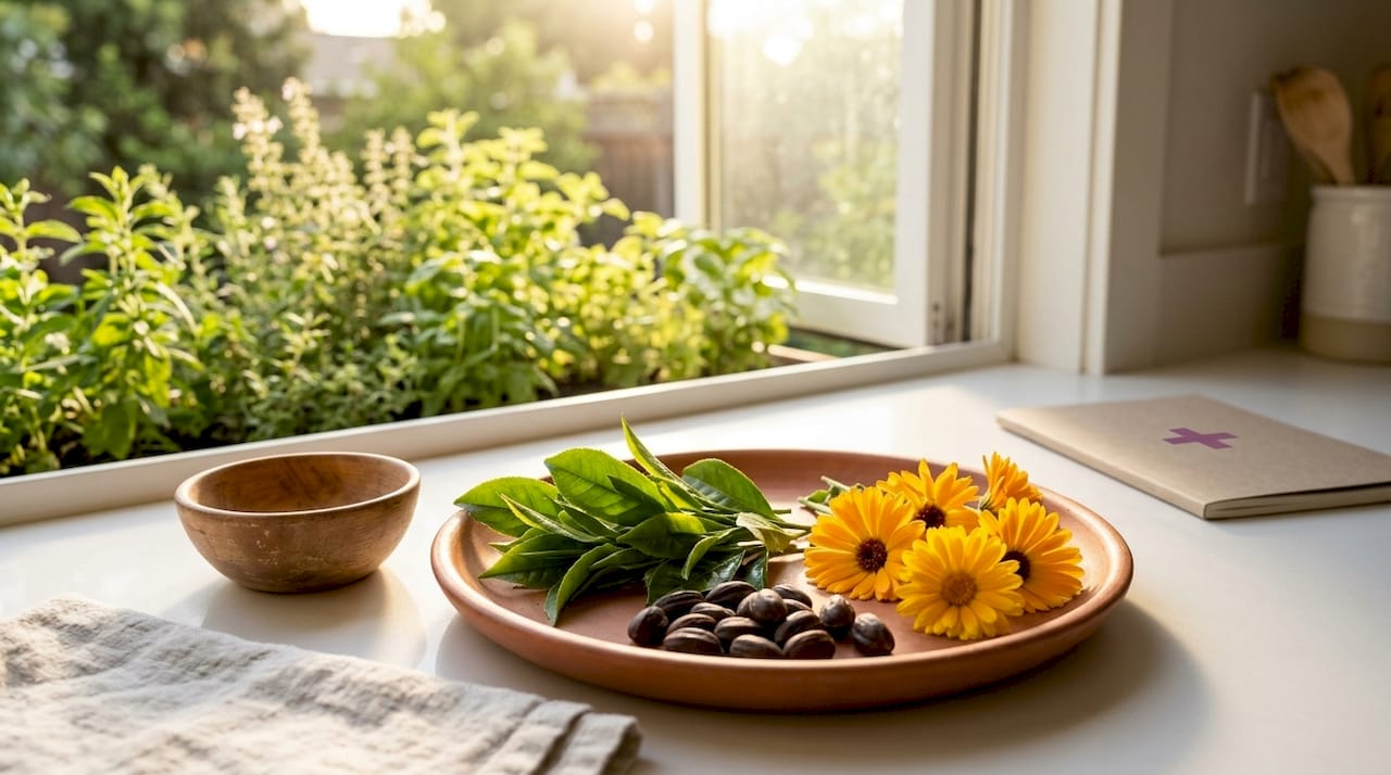 Close-up of botanical skincare ingredients on wood table