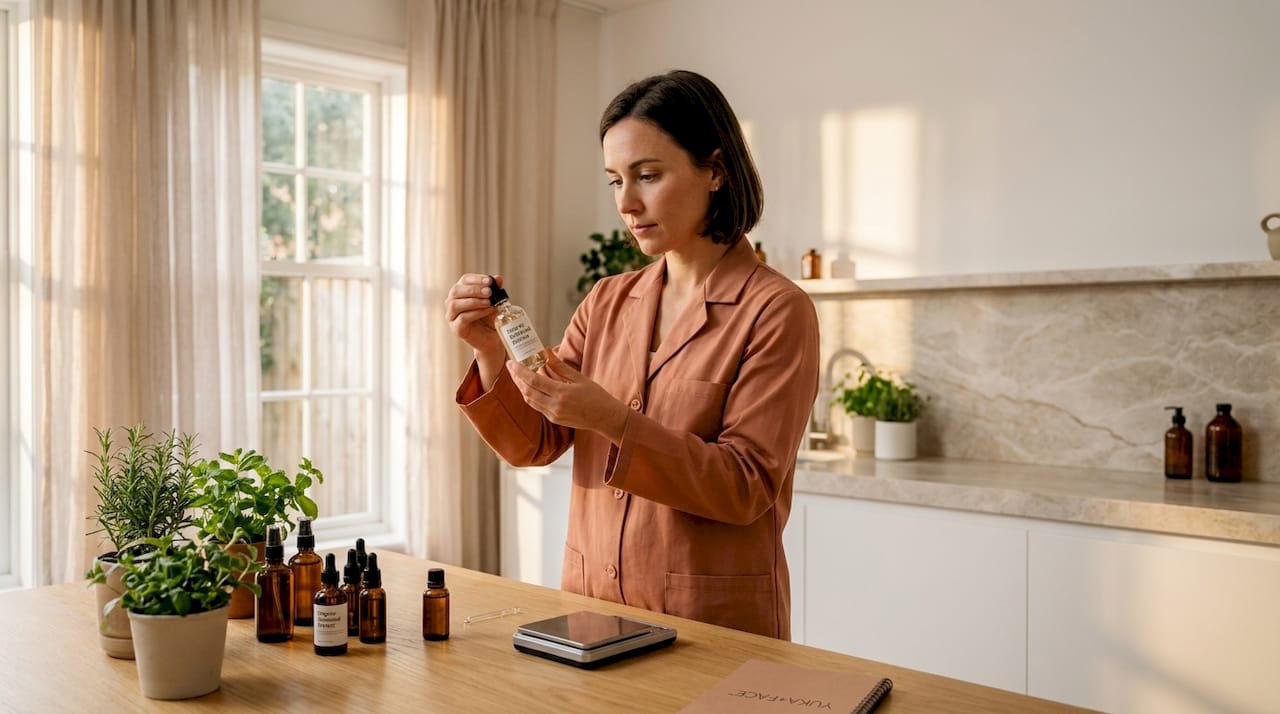 Scientist inspecting organic skincare bottle in lab